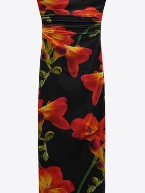 Floral Midi Dress in Black and Orange - Elegant Strapless Style
